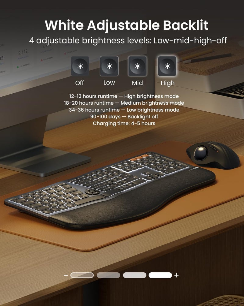 ProtoArc Backlit Bluetooth Ergonomic Keyboard, EK01 Plus Full Size Wireless Split Keyboard with Dual Bluetooth and USB, Cushioned Wrist Rest, Rechargeable for Windows/Mac/Android, Grey Black - Image 3